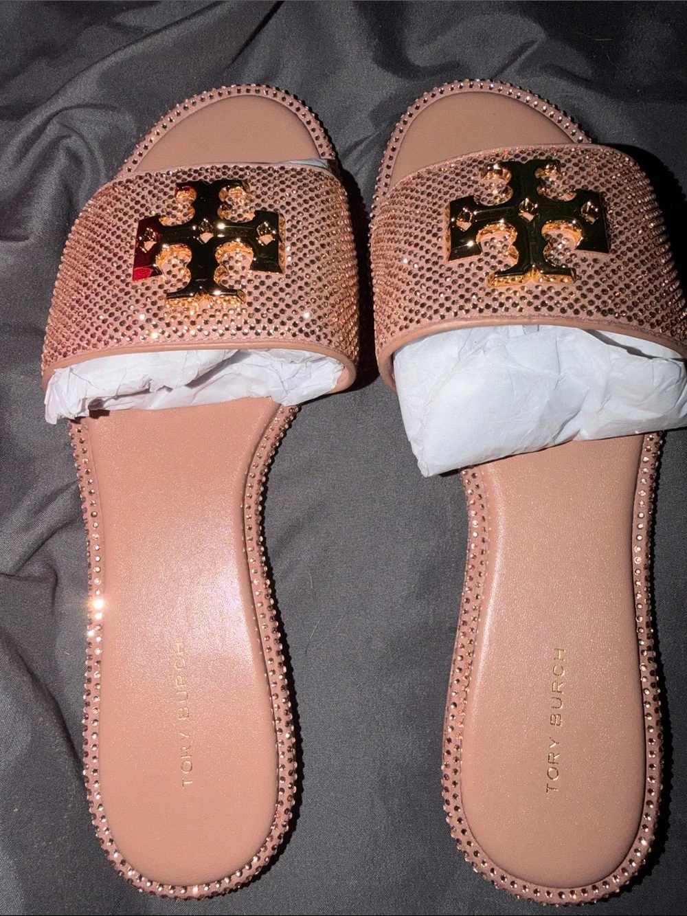 Tory Burch Rose Gold Crystal Logo Slide Sandals